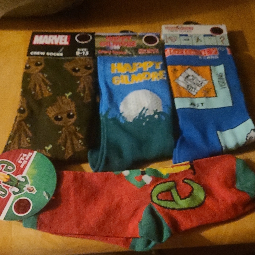 Marvel and Fun Themed Crew Socks Set Size 9-13 and  Elf socks 9-2.5